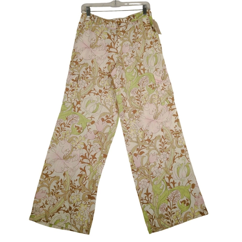 NWOT Tommy Bahama‎ Wide Leg Pants Linen Floral Print Size 2 Cream Green Pink